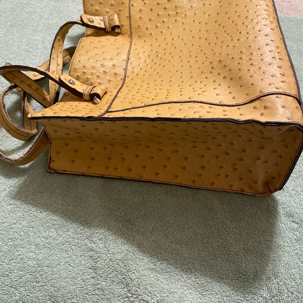 Merona Genuine Ostrich Leather Tote Bag Yellow Mustard Shoulder Bag - Picture 3 of 16